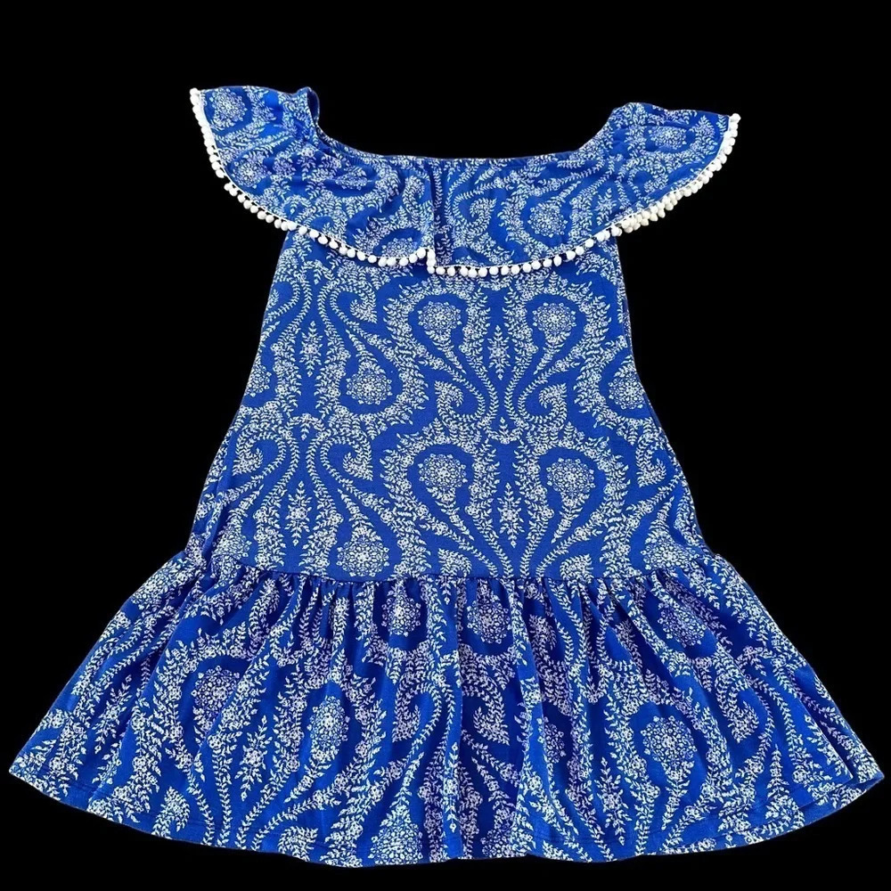 Venus sz Large Blue Knit Paisley Off Shoulder Mini‎ Dress Pom Pom Beach Vacation